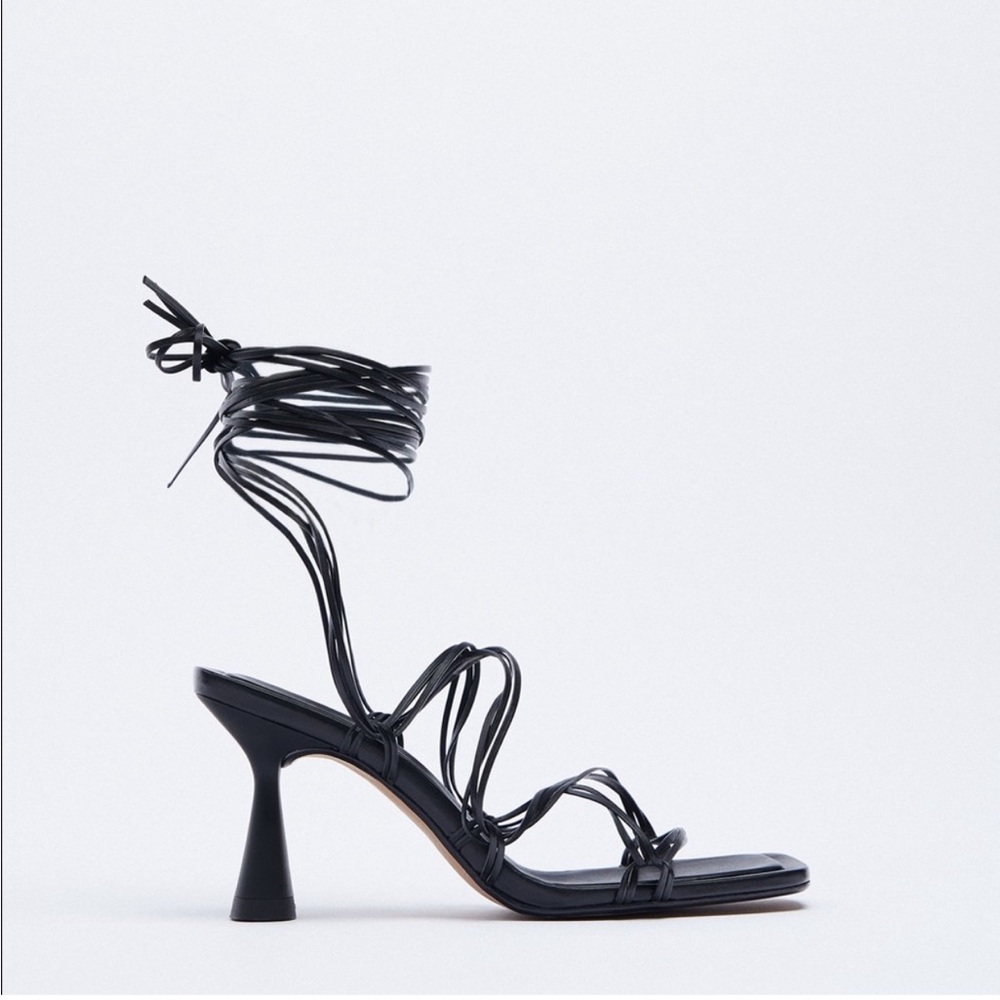 Zara Ankle Wrap Tied Heeled Sandals Leather Black 6